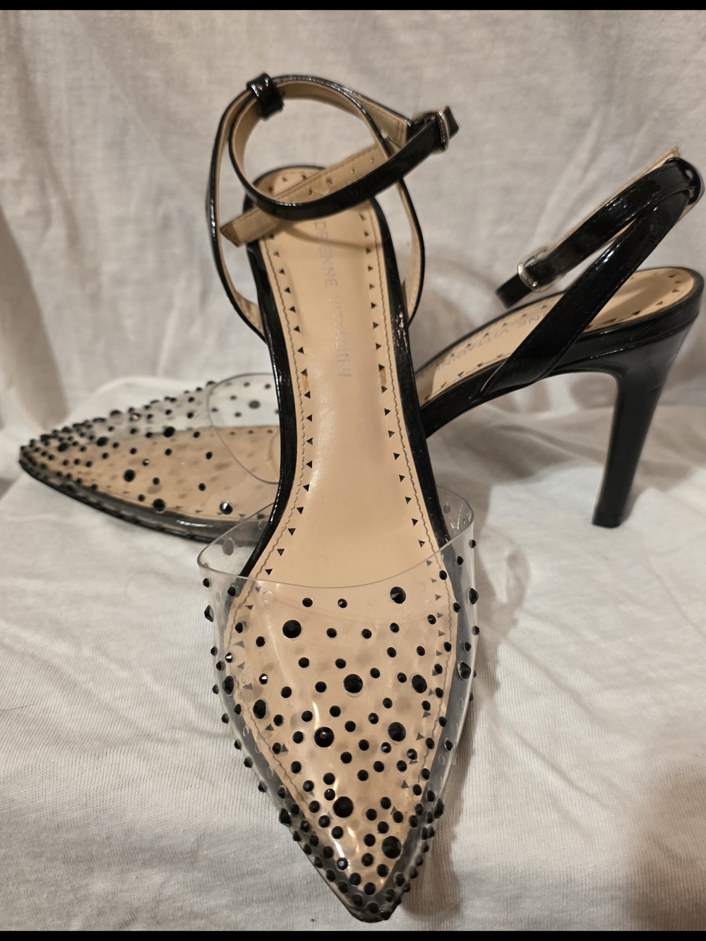 Adrienne Vittadini Black Polka Dot Clear Pointed Toe Ankle Strap Heels